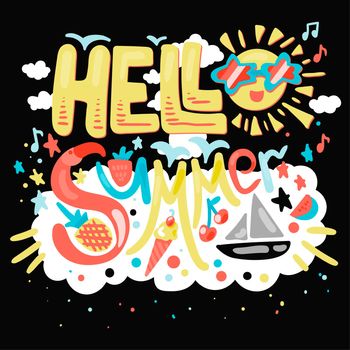 Hello Summer Concept With Fruits, Ice Cream, Flamingos, Yacht and Sun On Black Background. Vector