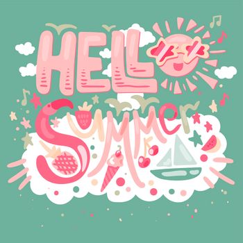 Hello Summer Concept With Fruits, Ice Cream, Flamingos, Yacht and Sun. Vector