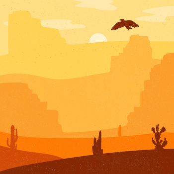 Retro Wild West Desert. Vintage sunset in prairie with cacti and eagle in sky. Grunge old texture. Natural Landscape for print, poster, illustration, sticker. Vector