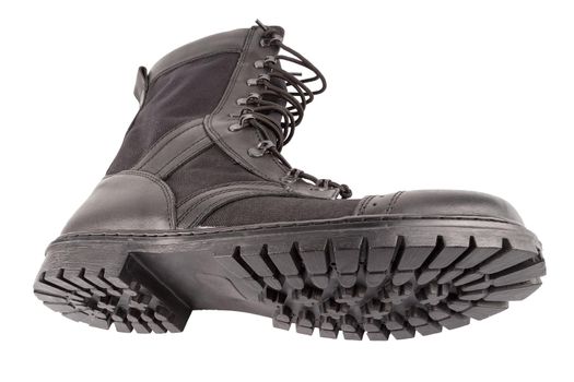 new black summertime lightweight military boot with nylon parts isolated on white background.