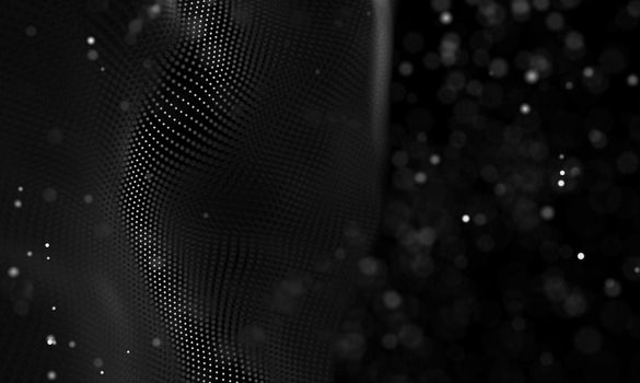 Abstract futuristic illustration of polygonal surface. Low poly shape with connecting dots and lines on dark background. 3D rendering