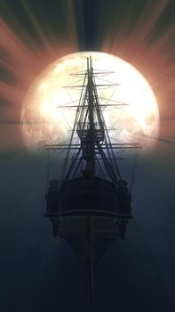 old ship in sea full moon illustration 3d rendering