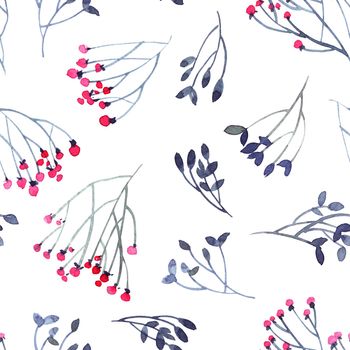 Watercolor leaves and flowers twigs on white background - decorative organic seamless pattern.