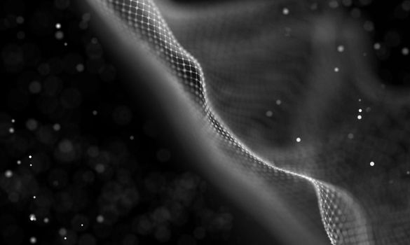 Abstract futuristic illustration of polygonal surface. Low poly shape with connecting dots and lines on dark background. 3D rendering