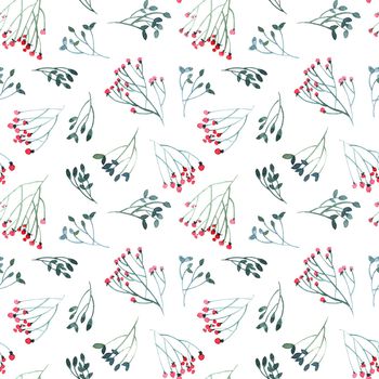 Watercolor leaves and flowers twigs on white background - decorative organic seamless pattern.