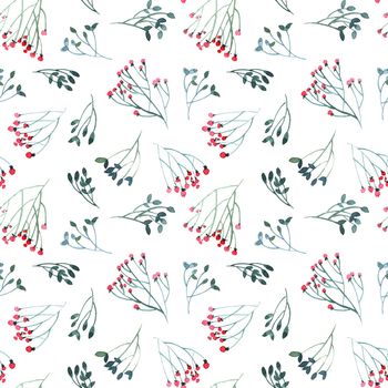 Watercolor leaves and flowers twigs on white background - decorative organic seamless pattern.