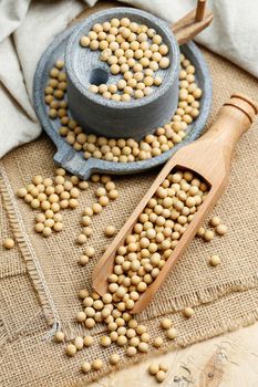 Soybeans in wooden scoop and a little stone mill