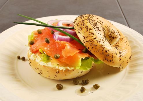 Smoked salmon with cream cheese bagel sandwich