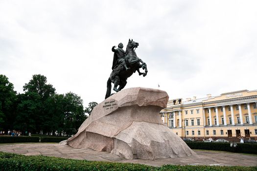 View of monument of Tsar Peter the first - The Bronze Horseman in downtownt of St. Petersburg, Russia