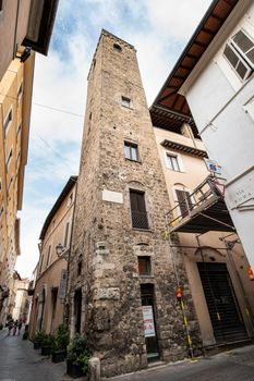 terni,italy july 07 2021:barberini tower in via roma in the historic center of the city