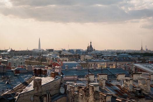 Cityscape view over the rooftops of St. Petersburg. View of the rooftops against the sky