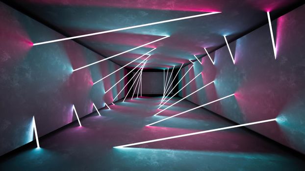 Night club interior lights 3d render for laser show. Glowing lines. Abstract fluorescent background. Neon room corridor background. Light abstract futuristic design. Modern geometric glow interior. Perspective bright electric lamp wallpaper. Wall illumination technology tunnel with matte reflection. Led lights backdrop.