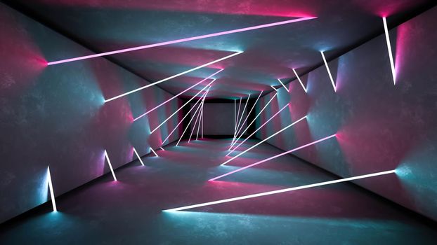 Night club interior lights 3d render for laser show. Glowing lines. Abstract fluorescent background. Neon room corridor background. Light abstract futuristic design. Modern geometric glow interior. Perspective bright electric lamp wallpaper. Wall illumination technology tunnel with matte reflection. Led lights backdrop.