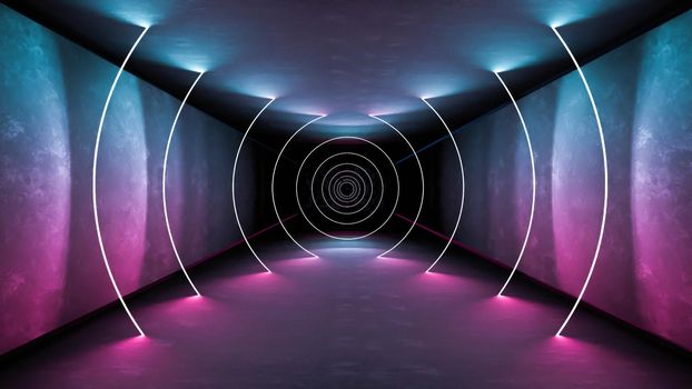 Night club interior lights 3d render for laser show. Glowing lines. Abstract fluorescent background. Neon room corridor background. Light abstract futuristic design. Modern geometric glow interior. Perspective bright electric lamp wallpaper. Wall illumination technology tunnel with matte reflection. Led lights backdrop.