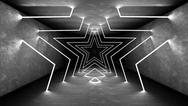 Night club interior lights 3d render for laser show. Glowing lines. Abstract fluorescent background. Neon room corridor background. Light abstract futuristic design. Modern geometric glow interior. Perspective bright electric lamp wallpaper. Wall illumination technology tunnel with matte reflection. Led lights backdrop.