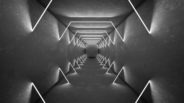 Night club interior lights 3d render for laser show. Glowing lines. Abstract fluorescent background. Neon room corridor background. Light abstract futuristic design. Modern geometric glow interior. Perspective bright electric lamp wallpaper. Wall illumination technology tunnel with matte reflection. Led lights backdrop.