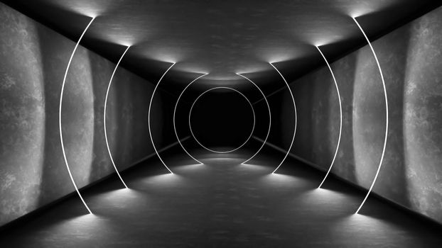 Night club interior lights 3d render for laser show. Glowing lines. Abstract fluorescent background. Neon room corridor background. Light abstract futuristic design. Modern geometric glow interior. Perspective bright electric lamp wallpaper. Wall illumination technology tunnel with matte reflection. Led lights backdrop.