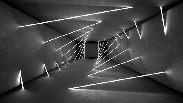 Night club interior lights 3d render for laser show. Glowing lines. Abstract fluorescent background. Neon room corridor background. Light abstract futuristic design. Modern geometric glow interior. Perspective bright electric lamp wallpaper. Wall illumination technology tunnel with matte reflection. Led lights backdrop.