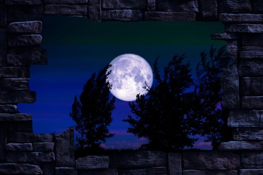 Full Worm Moon and silhouette tree in the field and night sky in hole stone wall on foreground, Elements of this image furnished by NASA