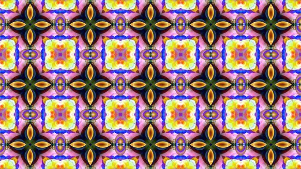 red yellow flower with white stars on purple leaves and black orange four leaves kaleidoscope reflection texture pattern background