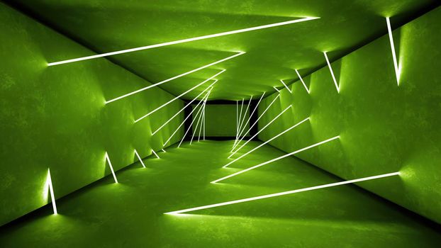 Night club interior lights 3d render for laser show. Glowing lines. Abstract fluorescent background. Neon room corridor background. Light abstract futuristic design. Modern geometric glow interior. Perspective bright electric lamp wallpaper. Wall illumination technology tunnel with matte reflection. Led lights backdrop.