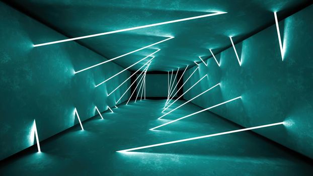 Night club interior lights 3d render for laser show. Glowing lines. Abstract fluorescent background. Neon room corridor background. Light abstract futuristic design. Modern geometric glow interior. Perspective bright electric lamp wallpaper. Wall illumination technology tunnel with matte reflection. Led lights backdrop.
