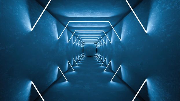 Night club interior lights 3d render for laser show. Glowing lines. Abstract fluorescent background. Neon room corridor background. Light abstract futuristic design. Modern geometric glow interior. Perspective bright electric lamp wallpaper. Wall illumination technology tunnel with matte reflection. Led lights backdrop.