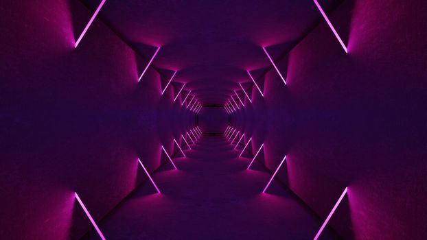 Night club interior lights 3d render for laser show. Glowing lines. Abstract fluorescent background. Neon room corridor background. Light abstract futuristic design. Modern geometric glow interior. Perspective bright electric lamp wallpaper. Wall illumination technology tunnel with matte reflection. Led lights backdrop.