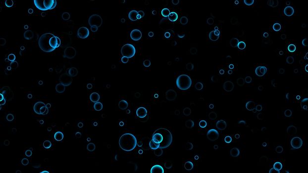 Blue aqua glow many size of hundred bubbles slow floating on the top dark background