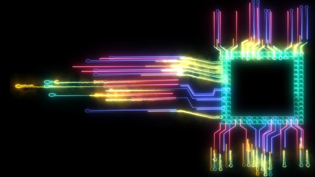 Futuristic abstract rainbow digital intelligent twisted light high speed chip data processing technology full power and energy cell moving around