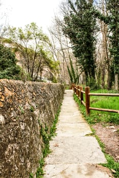 Mountain landscape and path between with green vegetation in spring in Castilla la Mancha, Spain