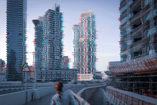 3d pattern with city glitch for concept design. Background 3d grid. Digital pixel noise glitch error.