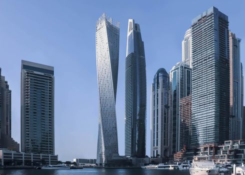 Blue dubai marina. Panoramic view. Dubai downtown cityscape. Dubai city background.