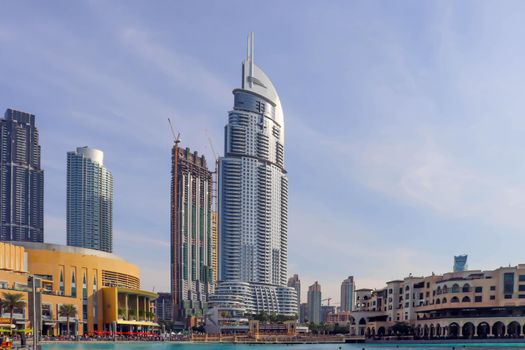 Skyline architecture. Night dubai skyline. City landscape. Dubai downtown cityscape. Modern city. Dubai skyline panoramic sunset view. Uae urban cityscape. United arab emirates.