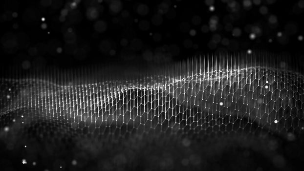 Network connection concept black background illustration. Futuristic hexagon perspective wide angle lanscape. Futuristic honeycomb concept. 3d landscape.