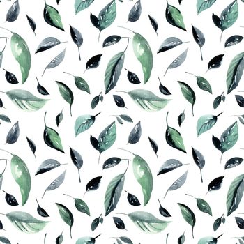 Watercolor leaves on white background - decorative organic seamless pattern.