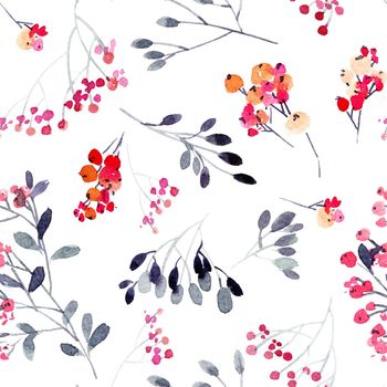 Watercolor leaves and flowers twigs on white background - decorative organic seamless pattern.