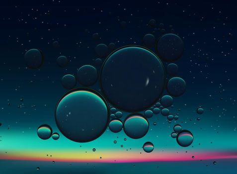 Oil Bubbles Isolated on White Background, Closeup Collagen Emulsion in Water. Illustration. Gold Droplets.