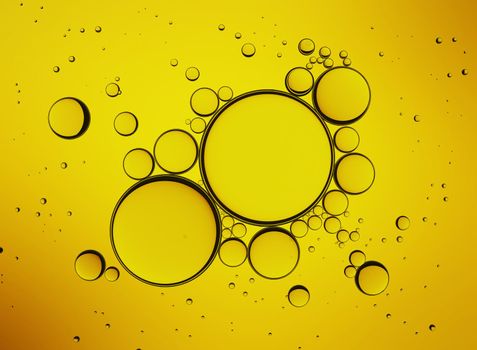Oil Bubbles Isolated on White Background, Closeup Collagen Emulsion in Water.  Illustration. Gold Serum Droplets. Concept for Cosmetics, Beauty and Spa Brochure or Flyer.