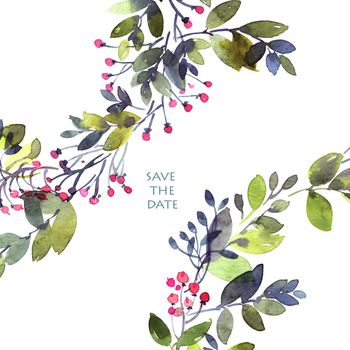 Watercolor illustration of floral wreath - leaves and flower buds on white background. Decorative design for greeting card, invitation or cover.