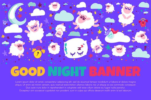 Good night banner with flat sheep. Bed time positive illustration. Starry night sky. Sweet dreams
