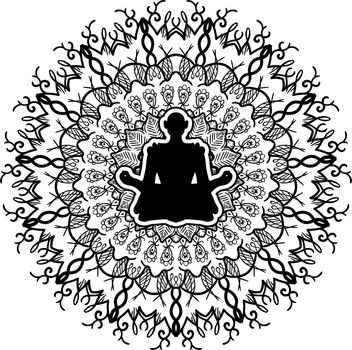 Yoga symbol, monochrome mandala art. Meditating character silhouette. Oriental vector drawing