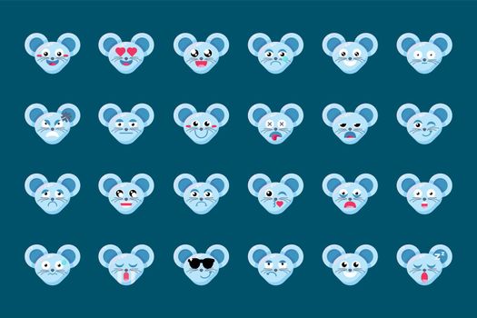 Emoji Fun Cute Animal Mouse Smile Emotions Set. Colorful Collection Face Feelings Happy and Inlove, Confused and Dizzy, Blankface and Happyface. Emoticon Vector Flat Cartoon Illustrations