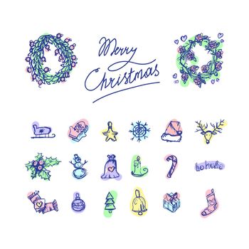 Merry Christmas icons. Happy new year symbols. Winter holiday signs. Vector