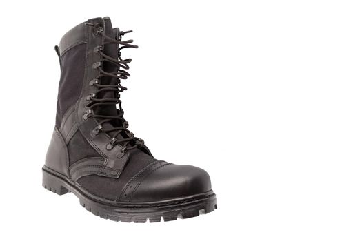 new black summertime lightweight military boot with nylon parts isolated on white background.