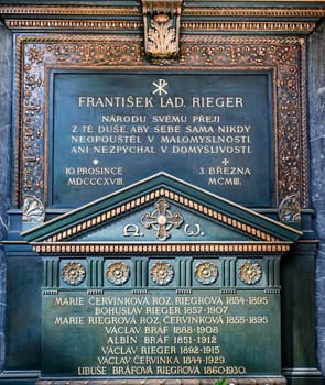PRAGUE, CZECH REPUBLIC, SEPTEMBER 12 : grave tomb in Vysehrad cemetery, september 12, 2019 in Prague, czech republic