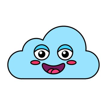 Happy cloud emoji outline illustration. Blue emoticon, social media cartoon sticker with blush