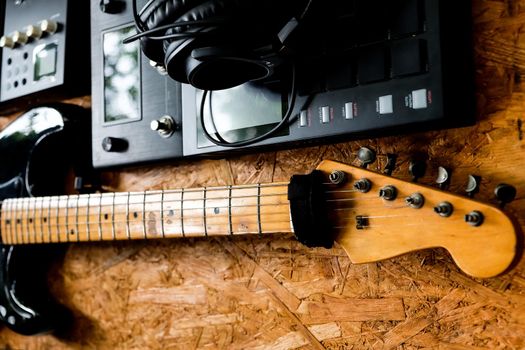 Close up instruments music background concept,Guitar and studio equipment