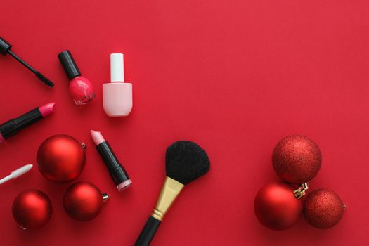 Cosmetic branding, fashion blog cover and girly glamour concept - Make-up and cosmetics product set for beauty brand Christmas sale promotion, luxury red flatlay background as holiday design