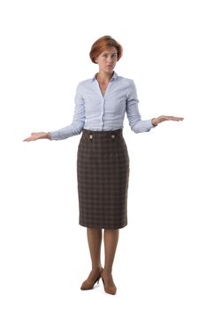 Confused business woman shrug shoulders, full length portrait isolated on white background